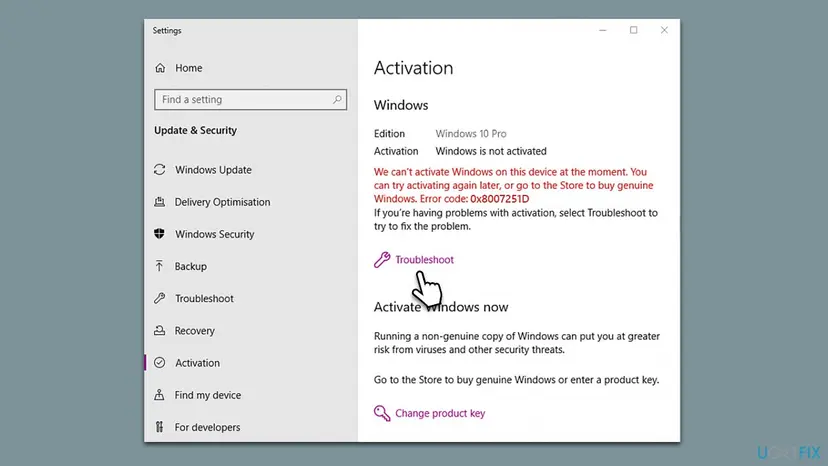 Windows 10 Pro Activation settings page showing Windows is not activated, the red text with Error code 0x8007251D, and the Troubleshoot and Change product key links