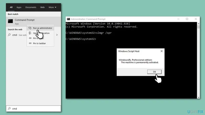 Command Prompt opened with Run as administrator from Windows search, with slmgr /xpr and a Windows Script Host box saying the machine is permanently activated