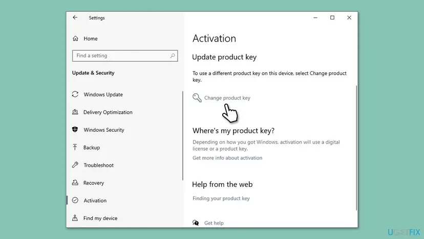 Windows 10 Settings Update and Security Activation page with the Update product key section and the Change product key link selected