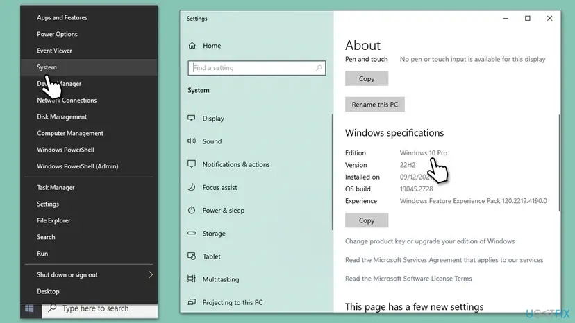 Windows 10 Settings System About page opened from the Start right-click menu, with Windows specifications showing Edition Windows 10 Pro and Version 22H2