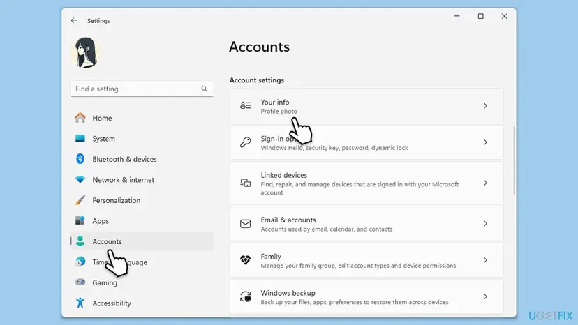 Windows 11 Settings Accounts section with the Your info page highlighted, used to check the signed in Microsoft account