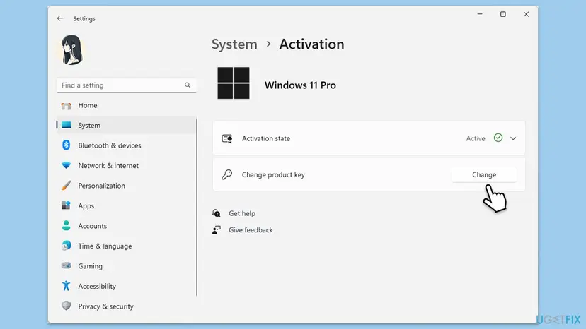 Windows 11 Settings System Activation page with the Change product key row and its Change button highlighted