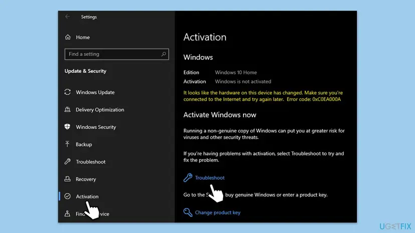 Windows 10 Settings Update and Security Activation page with the Troubleshoot link highlighted under the activation status