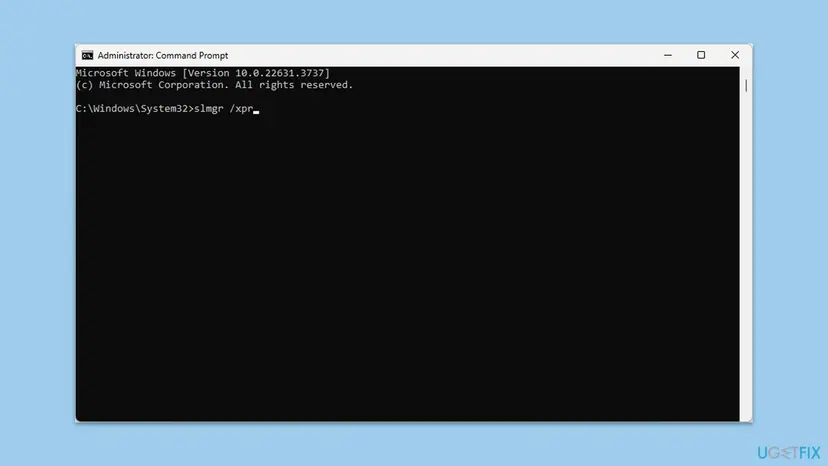 Command Prompt running as administrator with the slmgr /xpr command typed at the prompt before pressing Enter