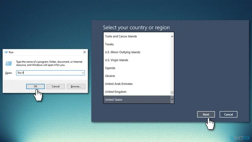 Run dialog with slui 4 typed in the Open box, next to the Select your country or region list with United States selected and the Next button
