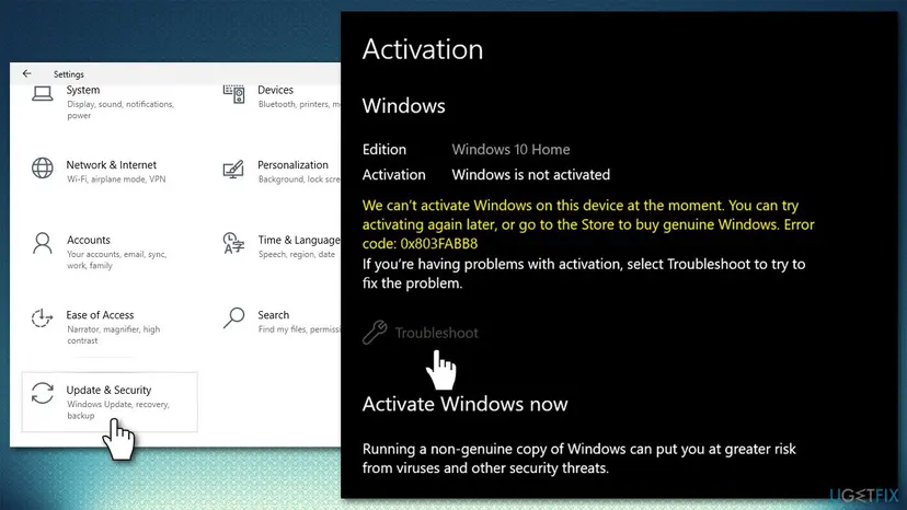 Windows 10 Settings Activation page showing Edition Windows 10 Home, Windows is not activated, the yellow message ending in Error code 0x803FABB8 and the Troubleshoot button