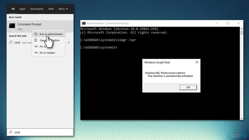 Windows 10 search with Run as administrator for Command Prompt, and an administrator Command Prompt where slmgr /xpr opened a Windows Script Host box