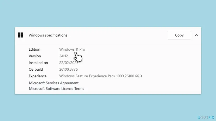 Windows 11 Settings System About page with the Windows specifications section expanded and Edition Windows 11 Pro, Version 24H2 and OS build shown