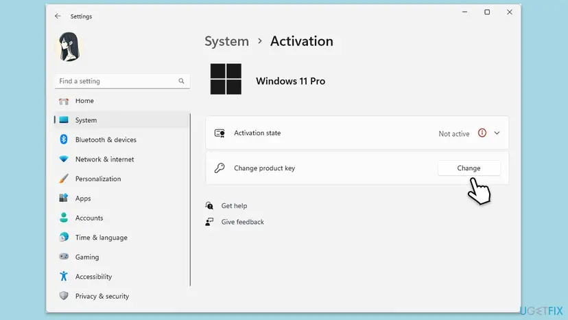 Windows 11 Settings System Activation page for Windows 11 Pro with Activation state Not active and the Change button in the Change product key row selected