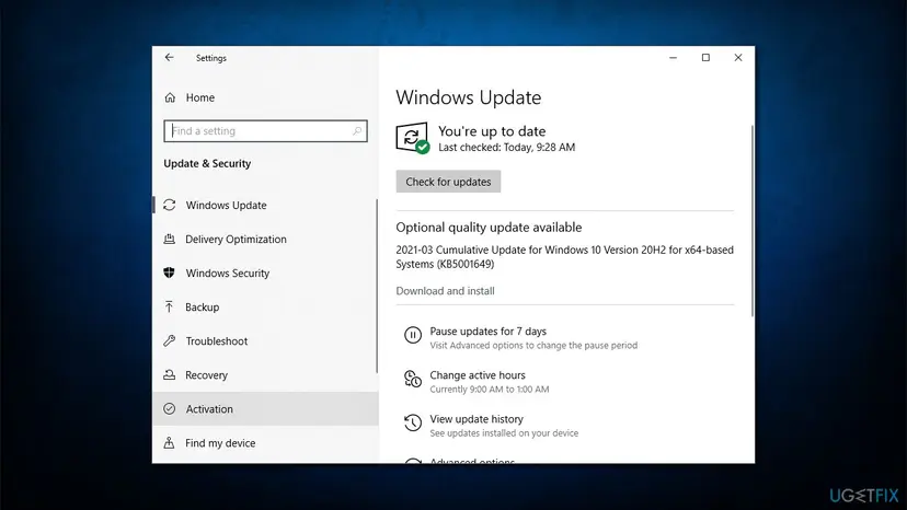 Windows 10 Settings, Update & Security section with the Activation entry in the left column below Recovery and Troubleshoot