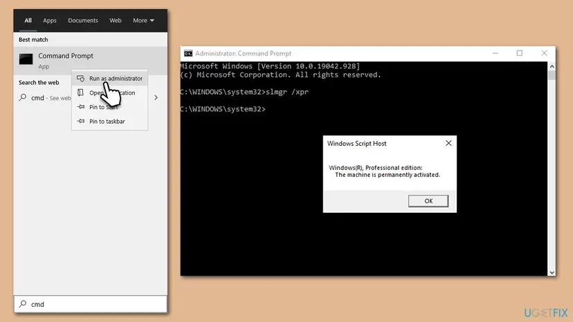 Windows 10 Start search for cmd with Run as administrator selected, and an Administrator Command Prompt with a Windows Script Host message box
