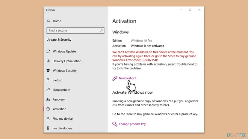 Windows 10 Settings, Update and Security, Activation page with Windows is not activated in red, a Troubleshoot link and a Change product key link