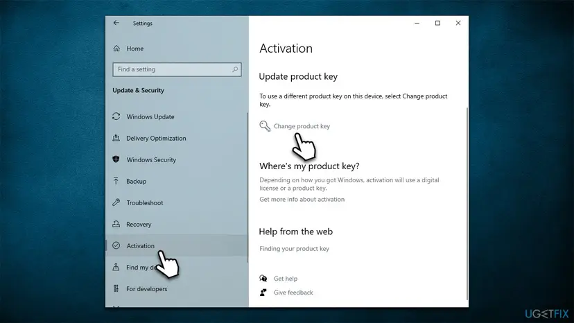 Windows 10 Settings, Update & Security, Activation page with the Change product key link under Update product key