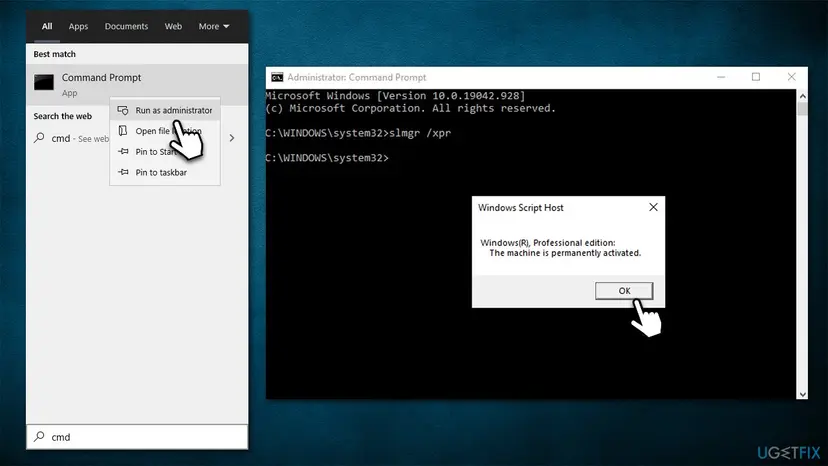 Command Prompt run as administrator with the slmgr /xpr command and a Windows Script Host box saying the machine is permanently activated