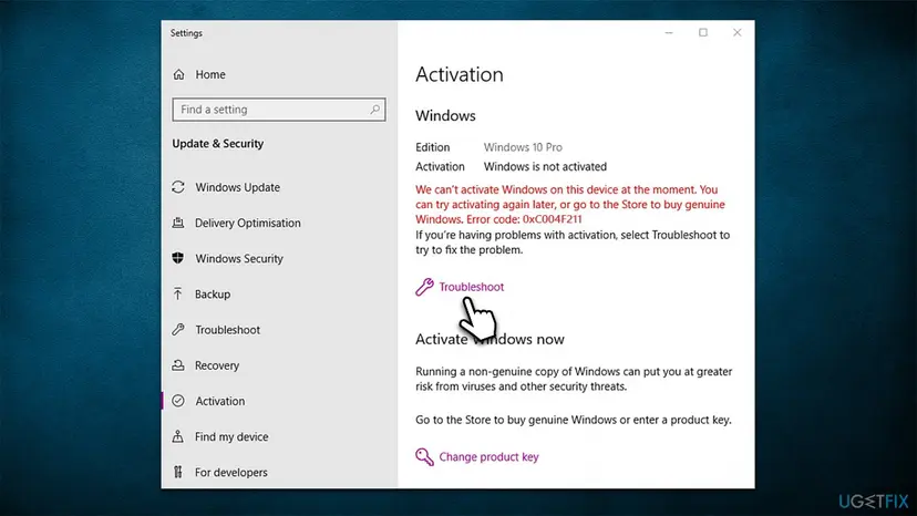Windows 10 Settings, Update & Security, Activation page showing Windows is not activated, the 0xC004F211 error text in red and the Troubleshoot link