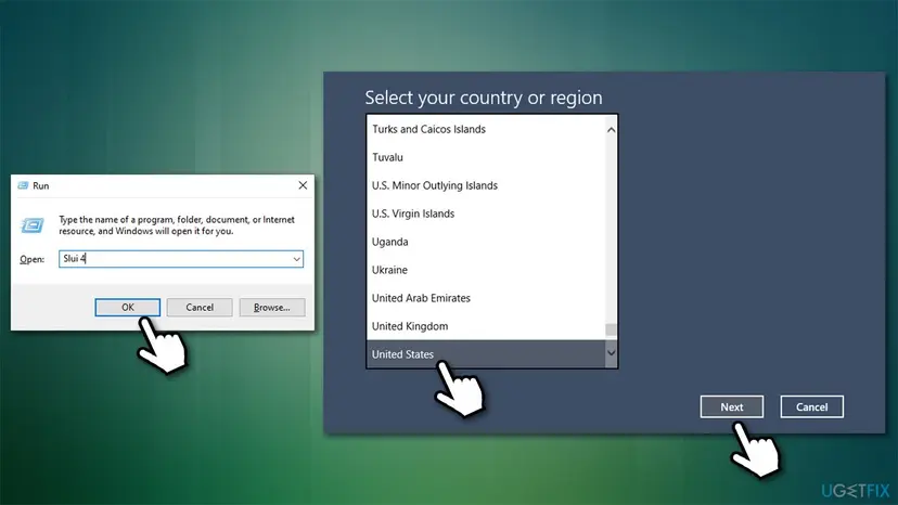 Run dialog typing Slui 4 and Select your country or region window