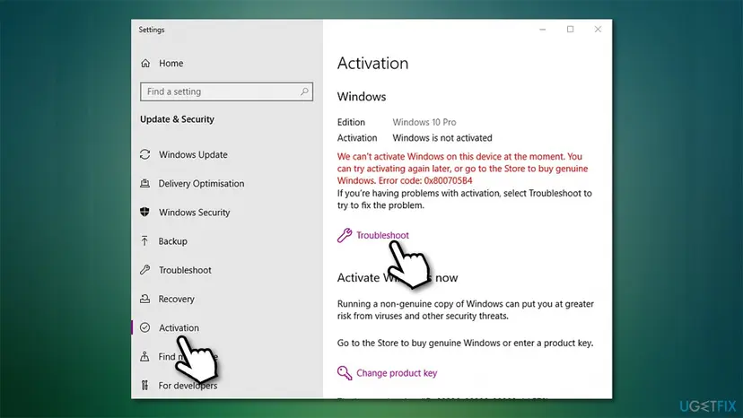 Windows 10 Activation settings showing the Troubleshoot option