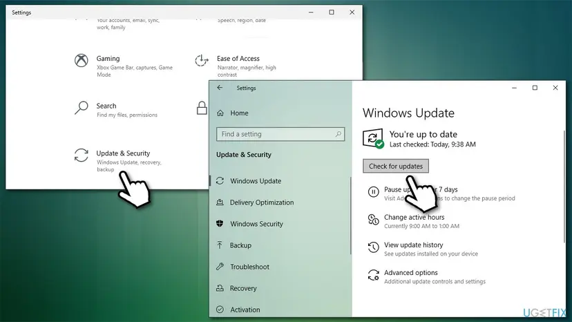 Windows Settings showing Update and Security and the Check for updates button