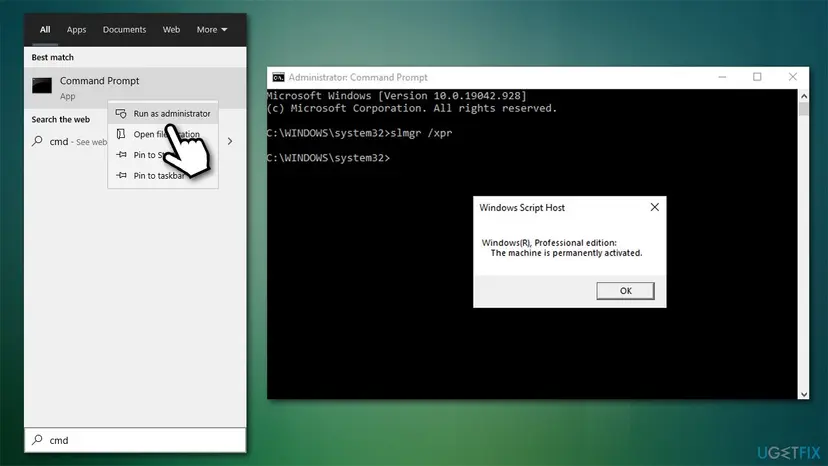 Command Prompt running slmgr /xpr command showing Windows Script Host activation confirmation