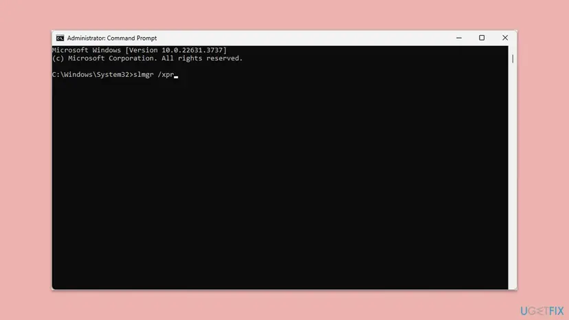 Administrator Command Prompt window on Windows 11 with the slmgr /xpr command typed at the prompt, used to check activation status