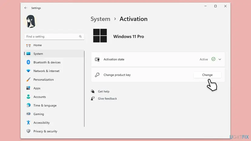 Windows 11 Settings, System, Activation page with the Activation state row and the Change button in the Change product key row