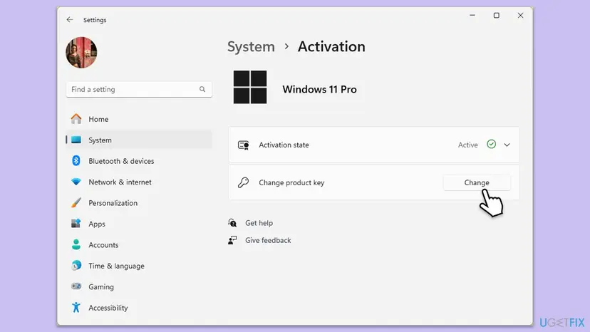 Windows 11 Settings, System, Activation page for Windows 11 Pro with Activation state and the Change button next to Change product key