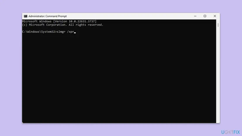 Administrator Command Prompt window opened in C:\Windows\System32 with an slmgr activation command typed at the prompt