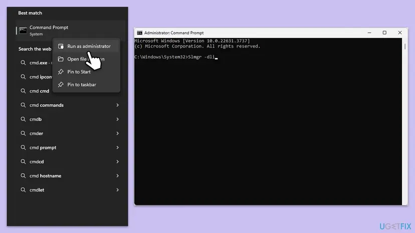 Start search results for cmd with Run as administrator selected in the Command Prompt menu, next to an Administrator Command Prompt window with an slmgr command typed