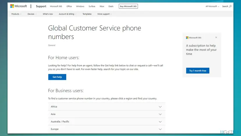 Microsoft Support page Global Customer Service phone numbers with a Get help button for home users and regions for business users