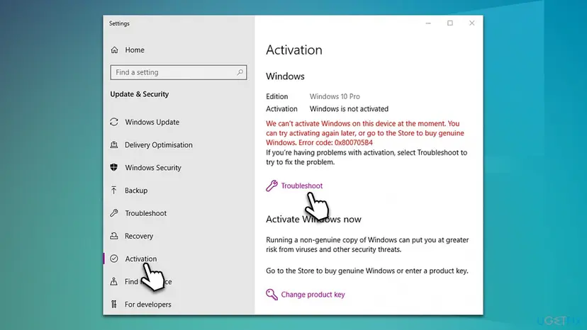 Windows 10 Settings, Update & Security, Activation page with Windows is not activated, a red error message and the Troubleshoot link below it