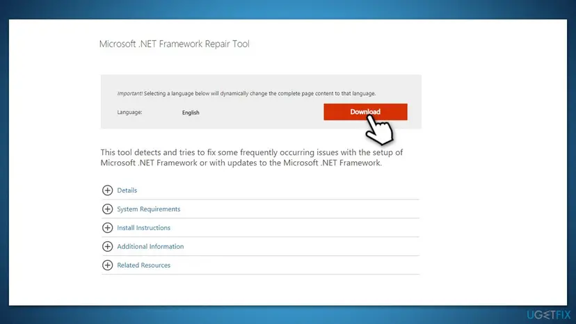 Microsoft download page of the .NET Framework Repair Tool with the language set to English and the Download button highlighted