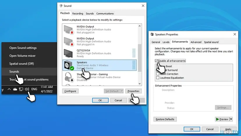 Taskbar sound menu with Sounds selected, the Sound window with the default Speakers device and Properties, and the Enhancements tab with Disable all enhancements ticked