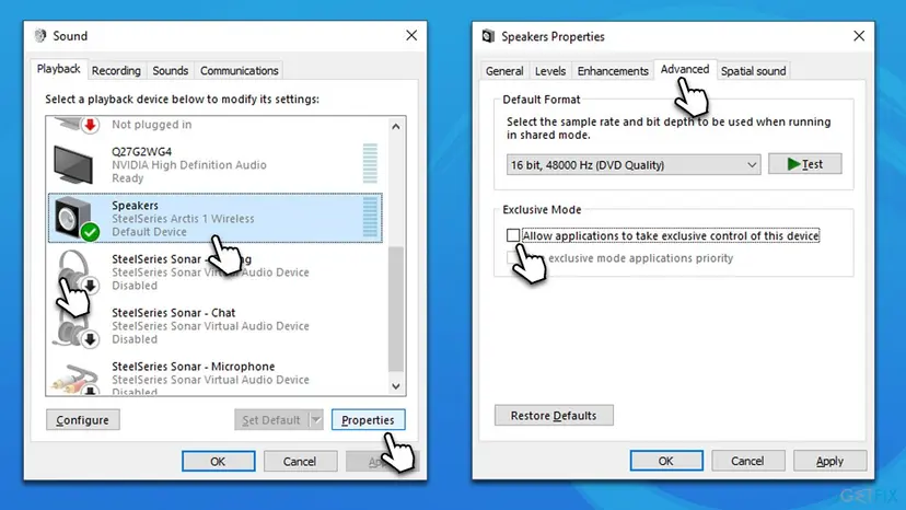 Sound window with the default Speakers device and Properties, next to the Advanced tab with Default Format and the exclusive control box for applications unticked