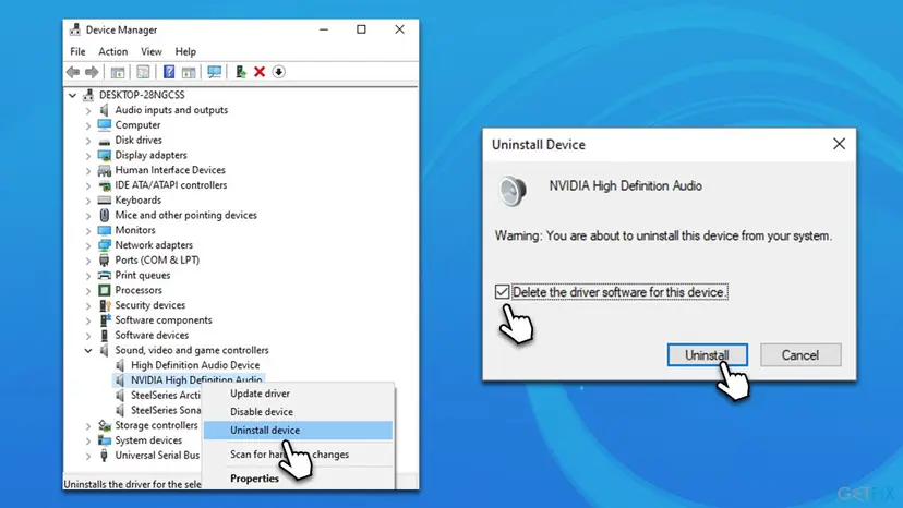 Device Manager with Sound, video and game controllers expanded and Uninstall device selected, next to the Uninstall Device dialog with the driver removal box ticked