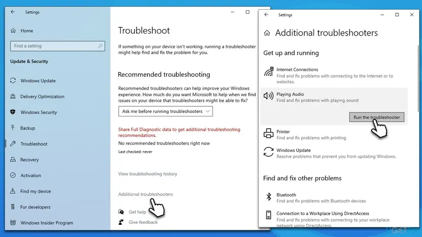 Windows 10 Settings Troubleshoot page with Additional troubleshooters selected, and the Playing Audio troubleshooter with Run the troubleshooter