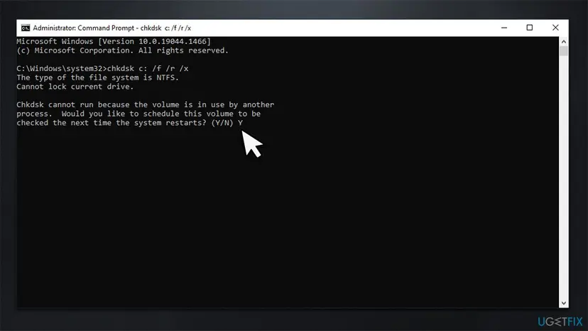 Administrator Command Prompt on Windows 10 running chkdsk c: /f /r /x and asking to schedule the check at the next restart