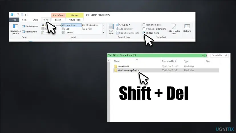 File Explorer on Windows 10 with Hidden items ticked on the View tab and the WindowsImageBackup folder selected on drive E: