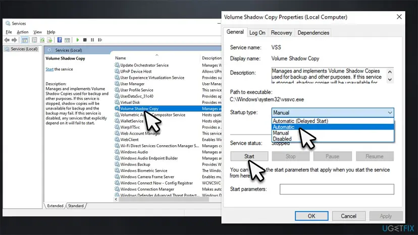 Services window on Windows 10 with Volume Shadow Copy Properties open, service name VSS, the Startup type list and the Start button