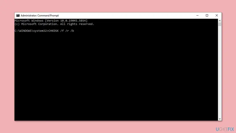 Administrator Command Prompt window on Windows 10 with a CHKDSK command typed at the prompt