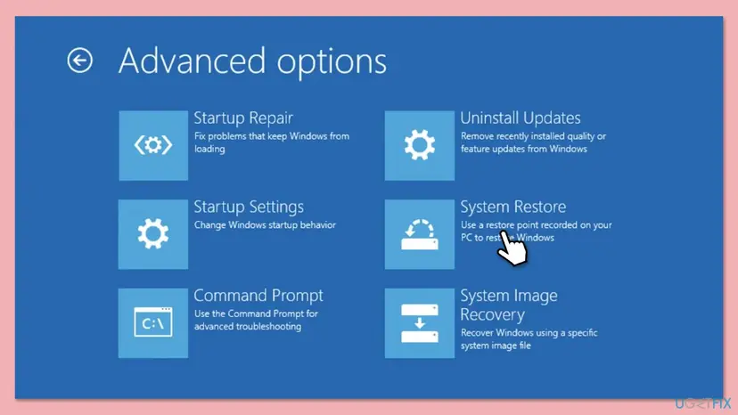 Advanced options recovery screen with Startup Repair, Uninstall Updates, Command Prompt and the System Restore tile selected