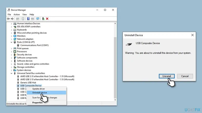 Device Manager with Universal Serial Bus controllers expanded, the Uninstall device menu item and the Uninstall Device confirmation dialog