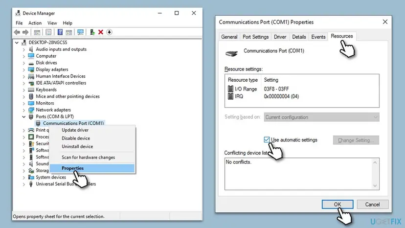 Communications Port (COM1) Properties on the Resources tab with I/O Range, IRQ, the Use automatic settings box ticked and No conflicts