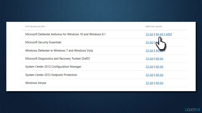 Microsoft's security intelligence download table with the 64-bit link selected in the Microsoft Defender Antivirus row, next to the 32-bit and ARM links