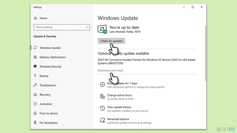 Windows 10 Settings, Windows Update page with the Check for updates button and an optional quality update offered for download