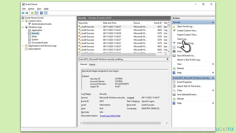 Event Viewer with the Security log selected, more than 30,000 events listed and Clear Log selected in the Actions pane