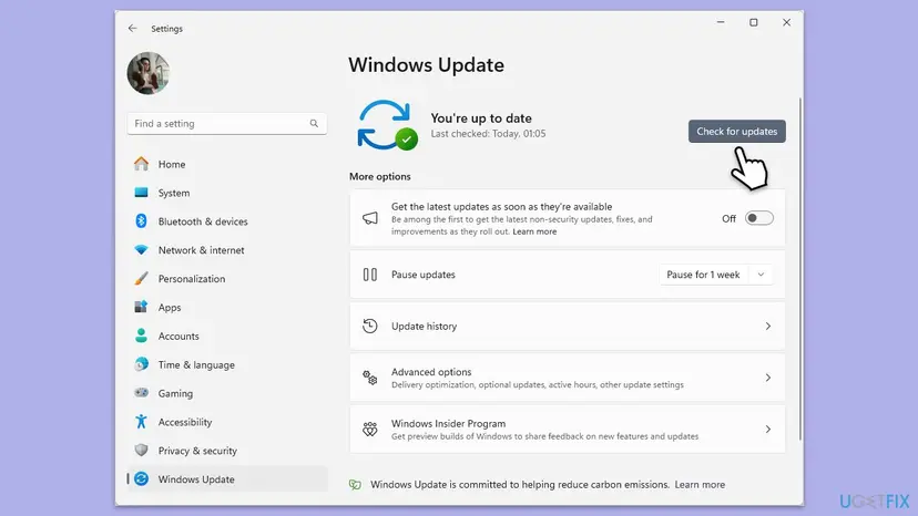 Windows 11 Windows Update settings page with the cursor on the Check for updates button
