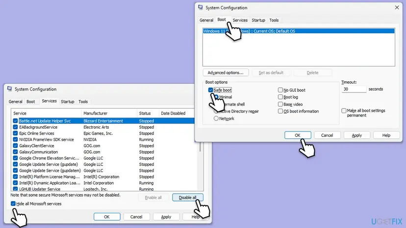 System Configuration window with the Services tab and the Boot tab where the Safe boot option is set