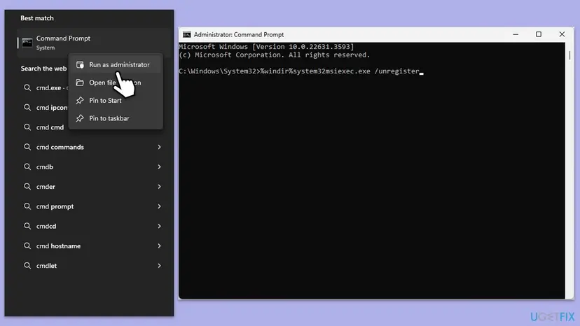 Command Prompt opened as administrator with an msiexec unregister command typed in