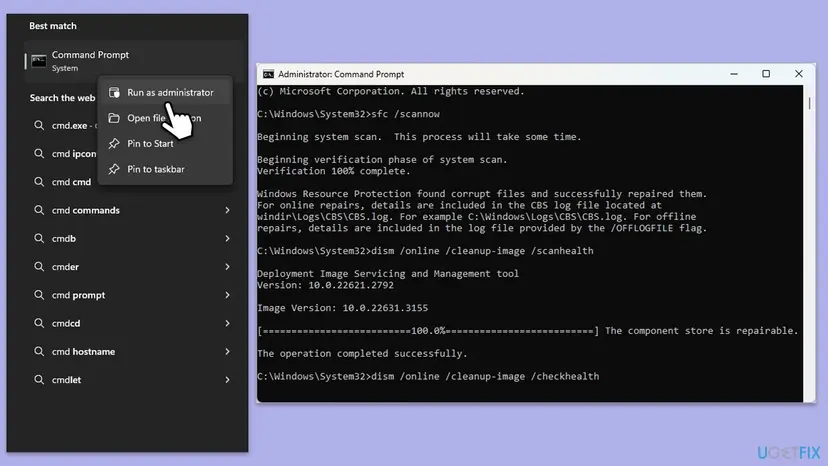 Command Prompt search result with Run as administrator highlighted next to an open Command Prompt window