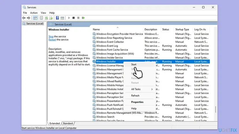 Services window with the right-click menu of Windows Installer open and Start highlighted